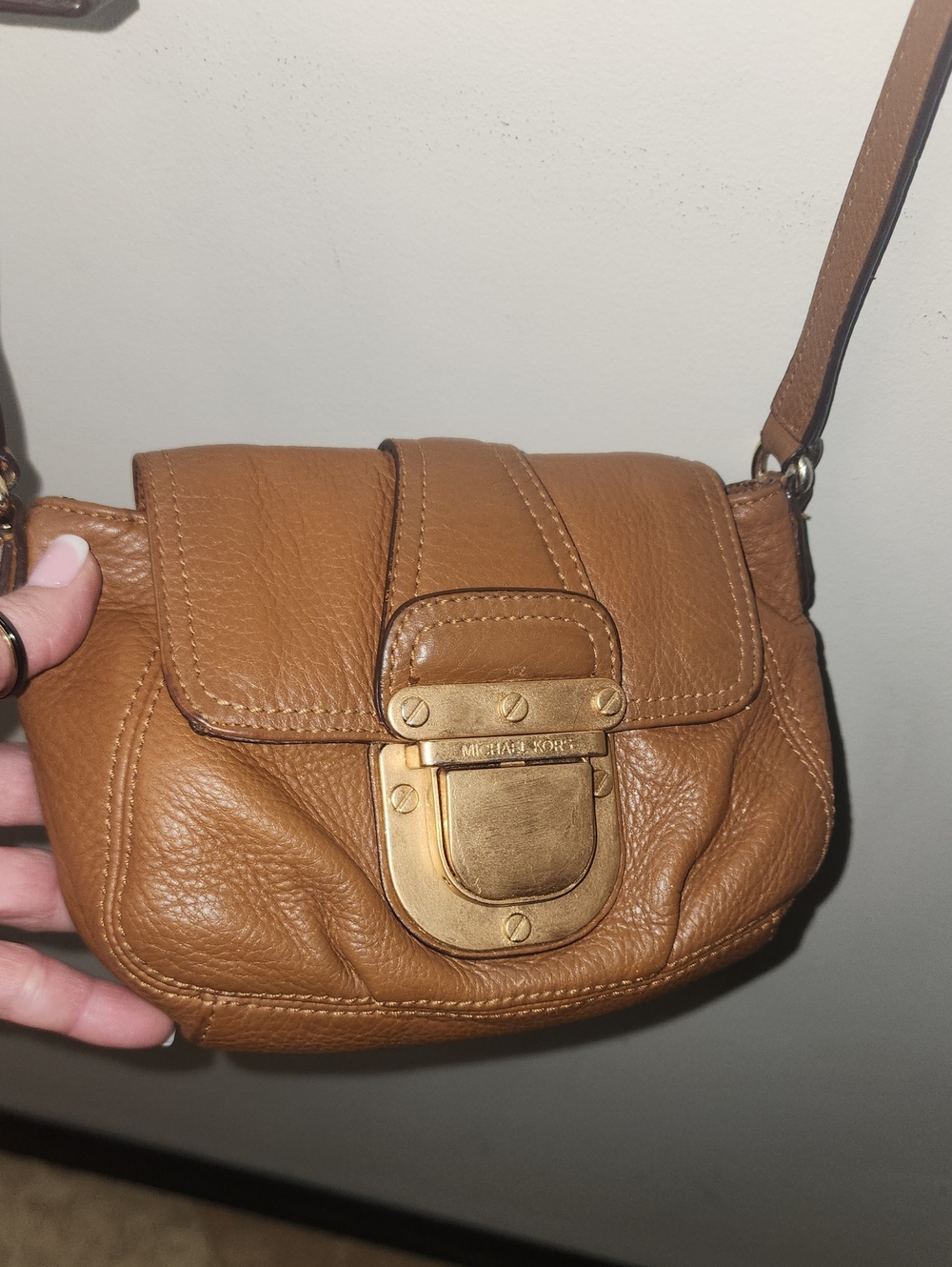 Michael Kors Cognac Pebble Leather Crossbody Copper Gold Hardware Buckle Mini - Picture 3 of 16
